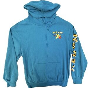 Pac-Man Hoodie Mens Large Blue Pullover Fleece Graphic Retro Insert Coin 80s